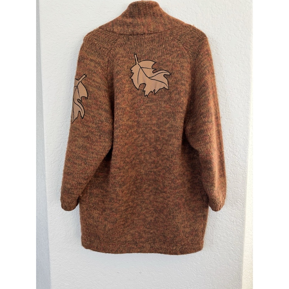 Vintage 1980s Tony Lambert Cardigan Sweater Shawl Collar Leather Fall Leaves S - Picture 4 of 9